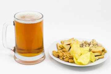 Beer snacks. Various nuts, potato chips, crackers.