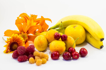 fresh healthy fruit assortment isolated over white.