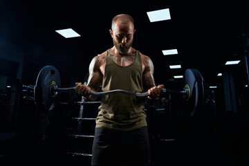 Fototapeta na wymiar Muscular sportsman building biceps with barbell.