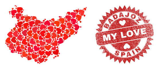 Vector mosaic Badajoz Province map of lovely heart elements and grunge My Love stamp. Mosaic geographic Badajoz Province map designed with lovely hearts.
