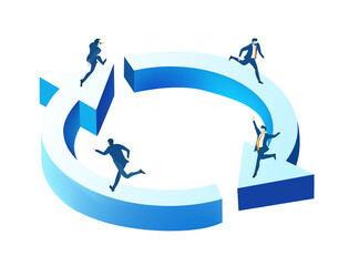 Isometric 3D business environment. Business management. Isometric space with business people running around the arrows try to chase each other 
