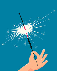 Close-up of a sparkler in hand. Sparkler vector fireworks. Bengali light hits your hand. New year, christmas, birthday. Bengal light. Flat vector illustration.