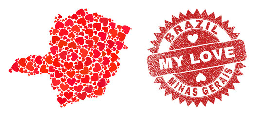 Vector collage Minas Gerais State map of lovely heart items and grunge My Love seal stamp. Collage geographic Minas Gerais State map created with valentine hearts.