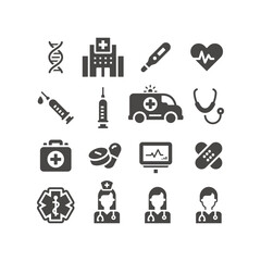 Medical or medicine black vector icon set. Hospital, nurse, doctor icons; pills and stethoscope symbols.