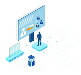 Isometric 3D Internet datacenter, server room, web administrator hosting concept  with business people. Technology, success, internet, data protection and personal security infographic illustration