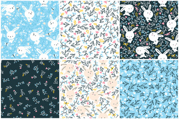 Rabbits seamless pattern set. Cute characters with flowers and dragonflies. Baby cartoon vector in simple hand-drawn Scandinavian style. Nursery illustration Ideal for baby textiles, fabrics.
