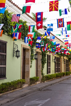 Flags of the world in 29th street at Getsemani in Cartagena, Colombia
