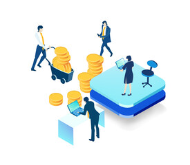 Isometric 3D business environment. Business management. Isometric office space,  business people, bankers working with golden coins. Saving, earnings, investment strategy