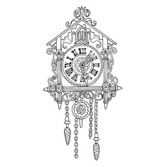 Fototapeta na wymiar Vintage German cuckoo clock. The carved retro clock is isolated on a white background. Vector drawing in the sketch style. Coloring pages for children and adults. For home design and decoration