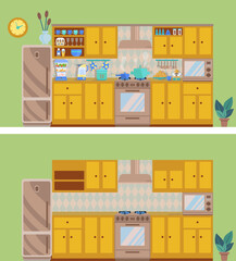 Modern cozy Sunny interior of the kitchen with a stove, wardrobe, refrigerator. The kitchen is full of dishes and empty. Vector graphic design template. Vector illustration of a flat style.