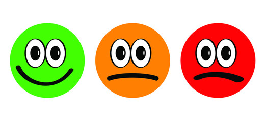 Emotion faces for Buttons Three face with happy, neutral and sad emotion faces. Cartoon faces. Expressive eyes and mouth, smiling, crying and surprised character expressions. Vector. Compliment day.