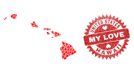 Vector collage Hawaii State map of lovely heart items and grunge My Love badge. Collage geographic Hawaii State map created using love hearts.