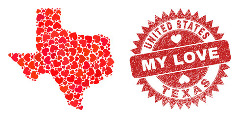 Vector collage Texas State map of lovely heart items and grunge My Love seal stamp. Collage geographic Texas State map constructed with lovely hearts.