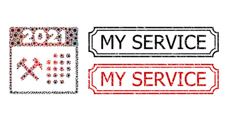 Mosaic 2021 working days united from SARS virus items, and grunge My Service rectangle badges with notches.