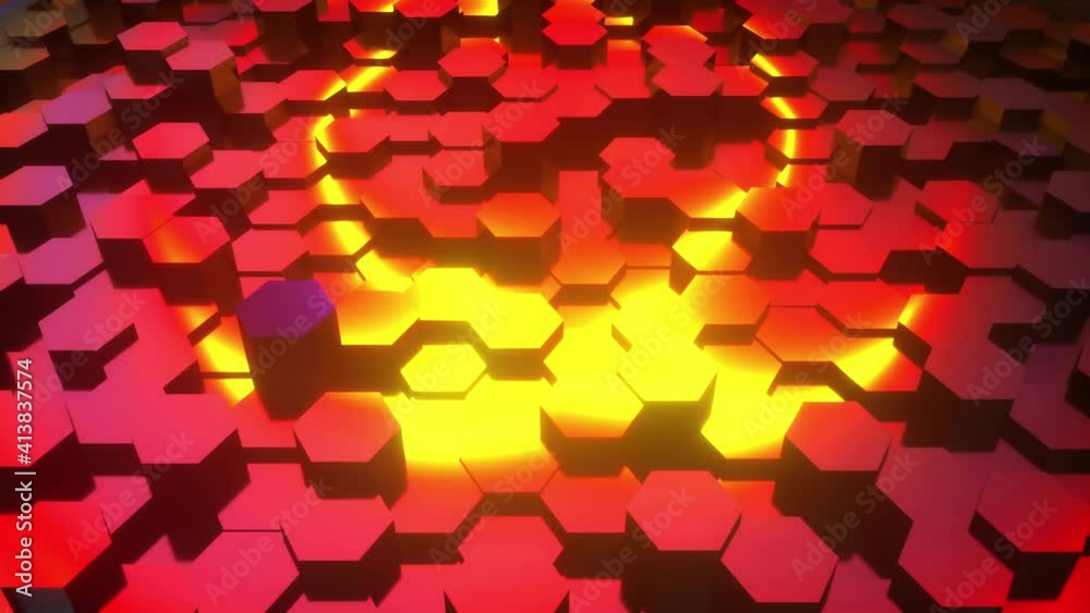 Aufkleber computer generated hexagonal abstract design with neon light. 3d rendering of honeycomb backdrop.