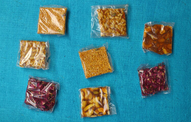 assorted chikki on blue background