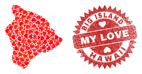 Vector collage Hawaii Big Island map of lovely heart items and grunge My Love seal stamp. Collage geographic Hawaii Big Island map designed with love hearts.
