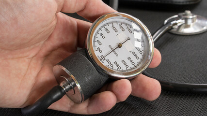 Closeup of Blood Pressure Measuring. measuring  blood pressure using a mechanical tonometer  at home