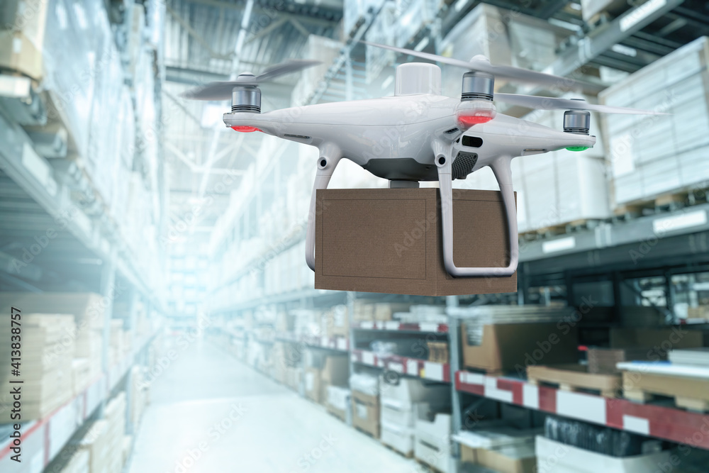 Poster drone with a package in a distribution warehouse. unmanned delivery concept