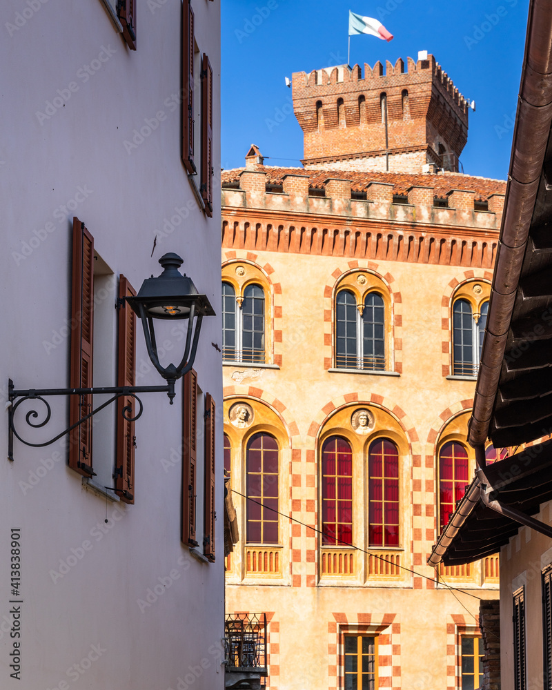 Wall mural Scenic view of the tower of Castle of Barolo, now hosting the Wimu wine museum, Barolo, Italy