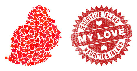 Vector collage Mauritius Island map of love heart items and grunge My Love seal. Mosaic geographic Mauritius Island map designed using love hearts.