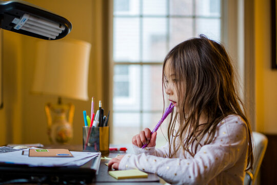 little multi ethnic girl doing school work at home