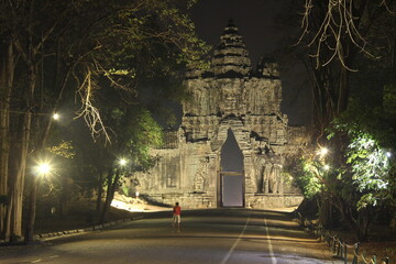 Cambodia. Angkor Thom city south gate. Backlight for the celebration of the Khmer New Year. Siem Reap province.