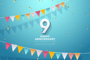 9th Anniversary with 3d numbers and colorful flag illustration.