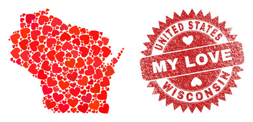 Vector mosaic Wisconsin State map of love heart elements and grunge My Love seal. Collage geographic Wisconsin State map constructed with love hearts.