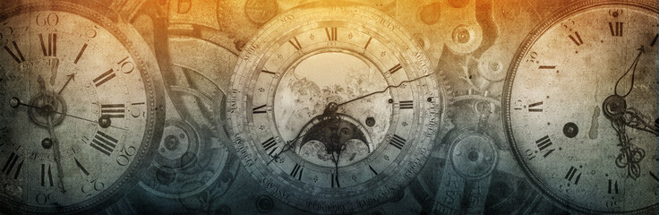 Fototapeta na wymiar The dials of the old antique classic clocks on a vintage wide paper background. Concept of time, history, science, memory, information. Retro style. Vintage clockwork background.