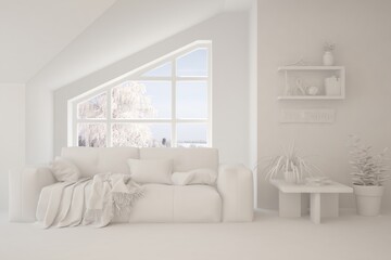 Mock up of stylish room in white color with sofa and winter landscape in window. Scandinavian interior design. 3D illustration