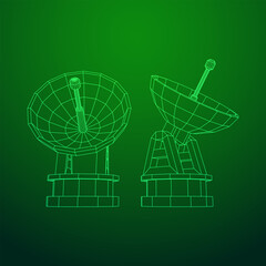 Radar. Directional radio antenna with satellite dish. Astronomy radio telescope . Wireframe low poly mesh vector illustration