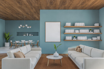 Mockup frame in blue and wooden room with sofa and dining room