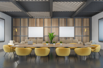 Mockup frame in black and wooden conference room with modern furniture