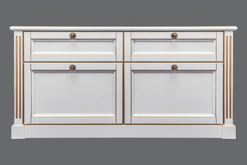 Classical white bedside table with drawers and crystal handles isolated on gray background
