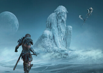 Epic scene chasing dragons. Image for wallpaper, epic scene, stories, music or book cover. 3d rendering, 3d illustration.