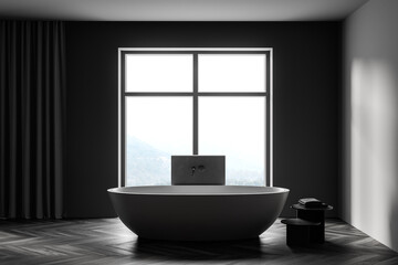Fototapeta na wymiar Wooden grey bathroom with bathtub and towels near window
