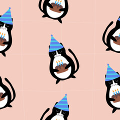 Сute black cat in a blue cap and chocolate birthday cake with candles. Birthday seamless pattern. 
