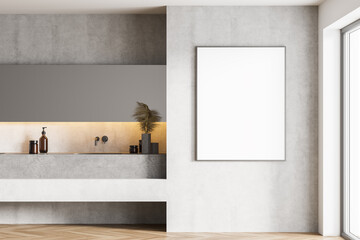 Mockup frame in light wooden bathroom with sinks and mirror, parquet floor
