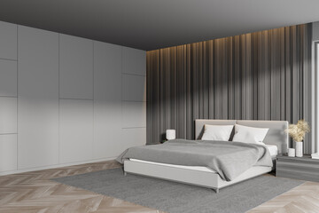 Corner of master bedroom with white, wooden walls, comfortable king size bed standing on gray carpet and parquet floor. Mockup wall.
