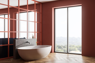 Fototapeta na wymiar Peach living room with bathtub on parquet floor near window