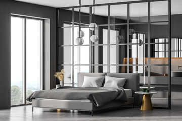 Grey living room with bed and linens, sinks on background
