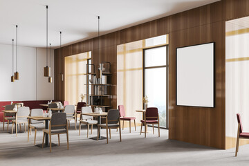 Mockup frame in wooden cafe with furniture, open space restaurant