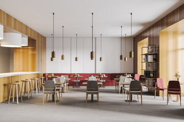 Wooden cafe with table and chairs, minimalist open space restaurant