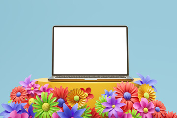 Mockup copy space in laptop on a stand with flowers on blue background