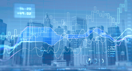 Financial chart over panoramic New York city view. The concept of international consulting at NYC. Double Exposure.