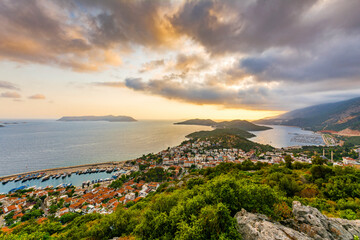 Kas Marina view from mountain at sunset