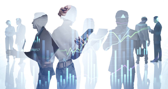 Silhouettes of diverse business people with devices, double exposure with graphs