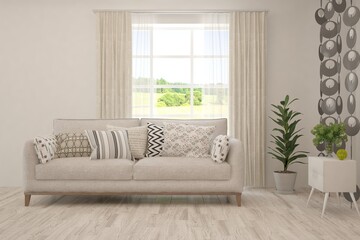 White living room with sofa and summer landscape in window. Scandinavian interior design. 3D illustration