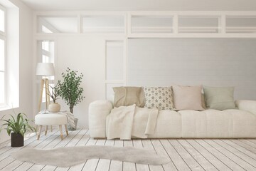 White living room with sofa. Scandinavian interior design. 3D illustration